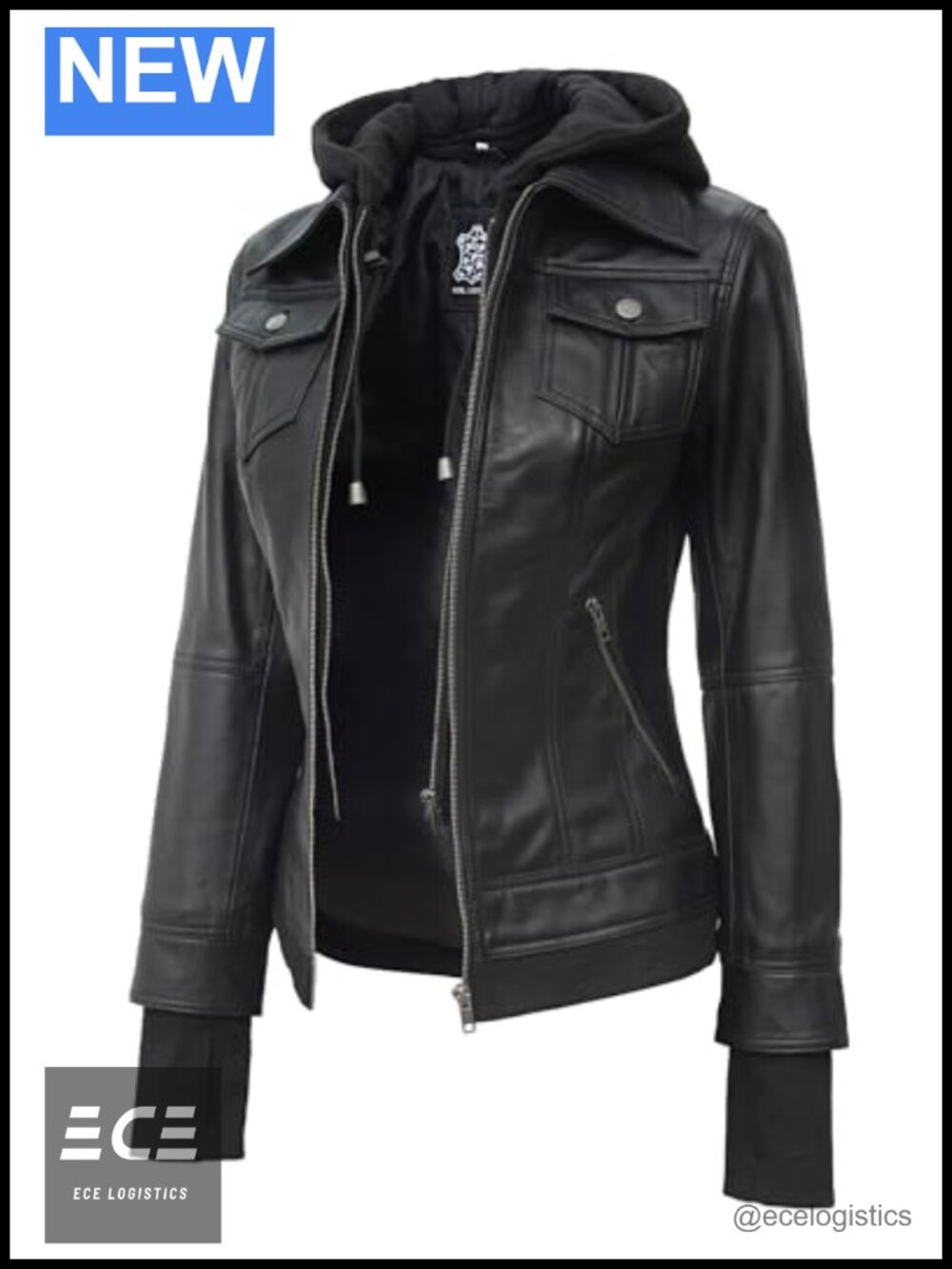 Genuine Lambskin Leather Moto Jacket Hooded Removable Hood Zip Front Women